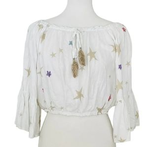 Beaded Star Off the Shoulder Bell Sleeve Tassel Crop Top; small
